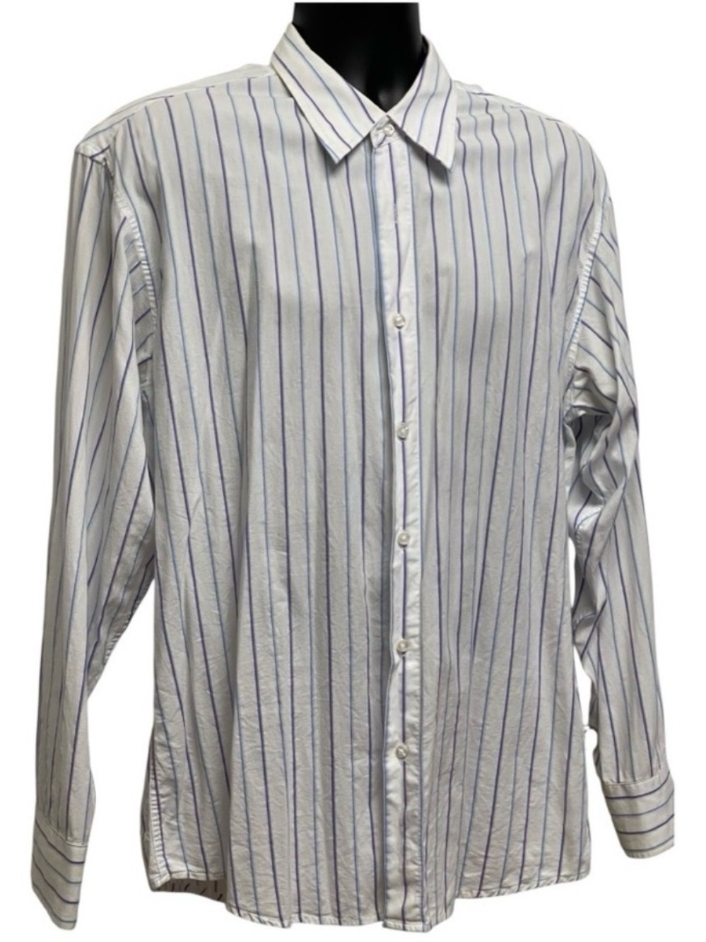 PX Clothing Men’s Large Blue White Stripe 100% Cotton Dress Shirt